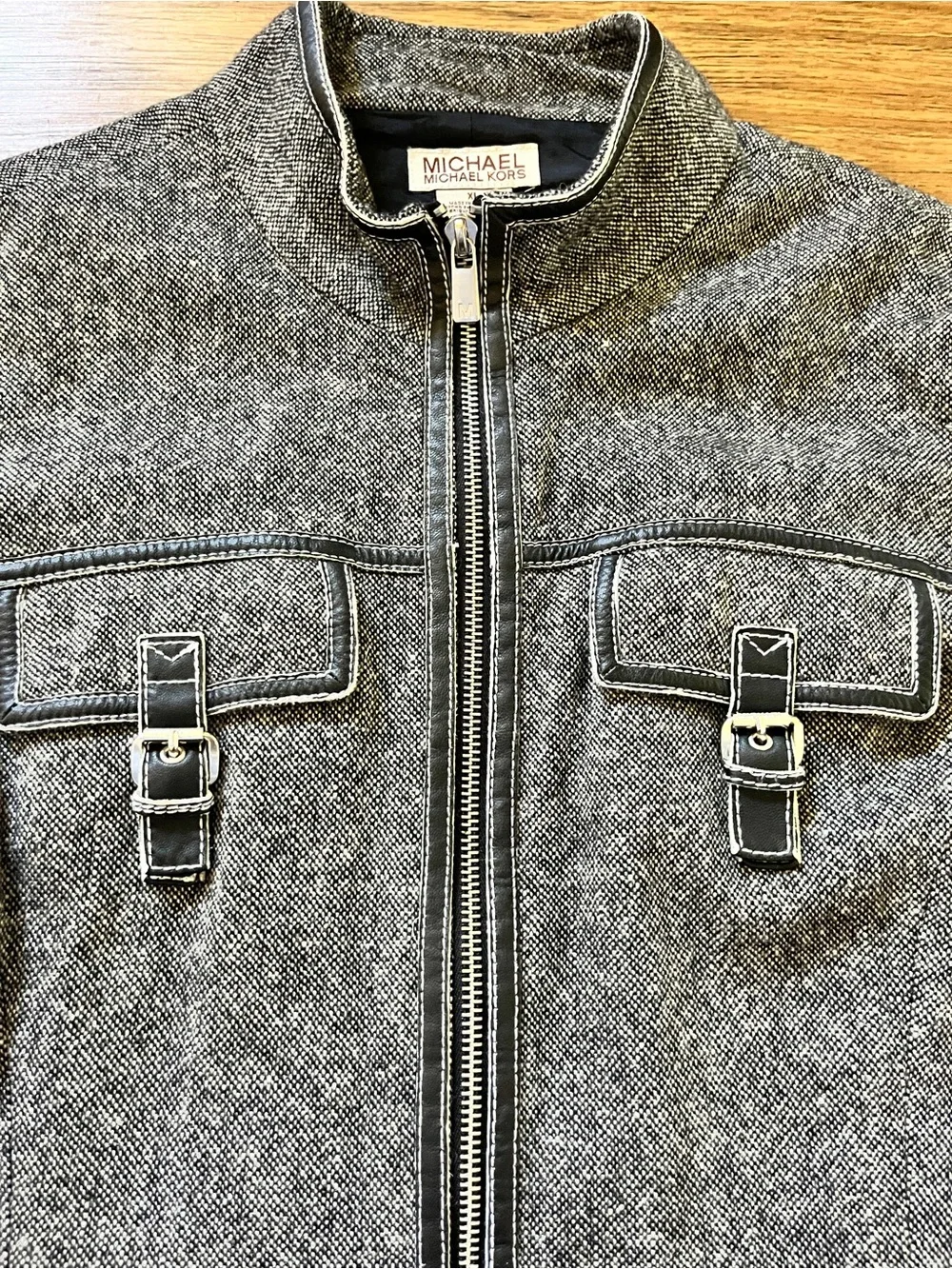 Vintage Michael Michael Kors Tweed Bouclé Front Moto Jacket Contrast Stitching